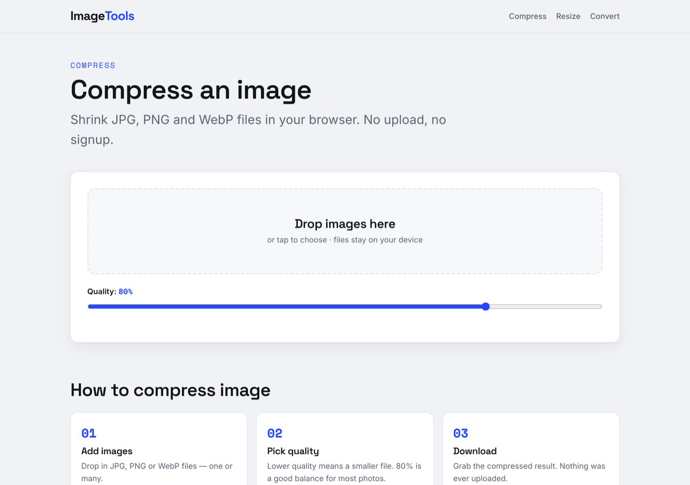 imgtokb compress tool with a quality slider