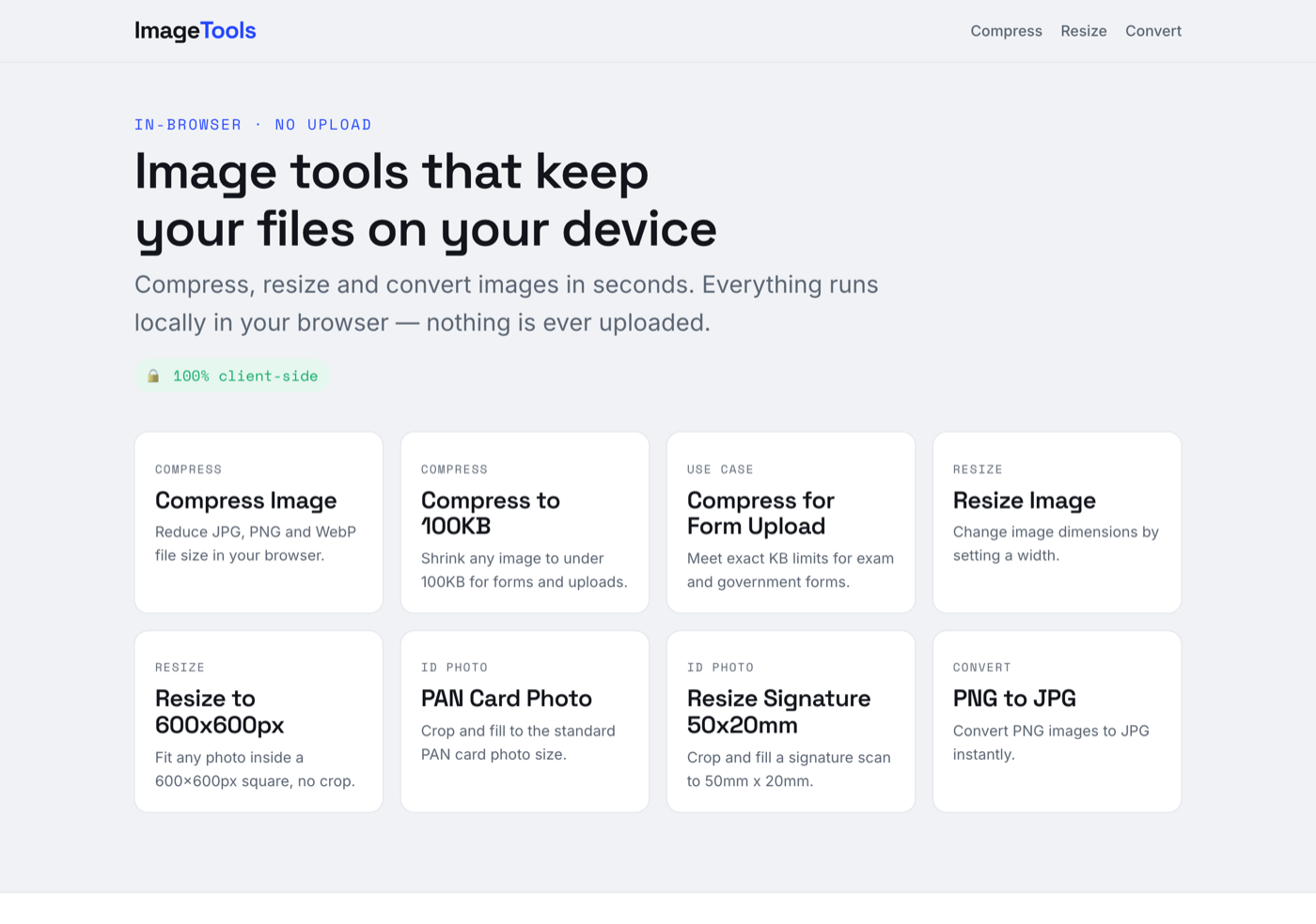 imgtokb homepage: compress, resize, and convert image tools