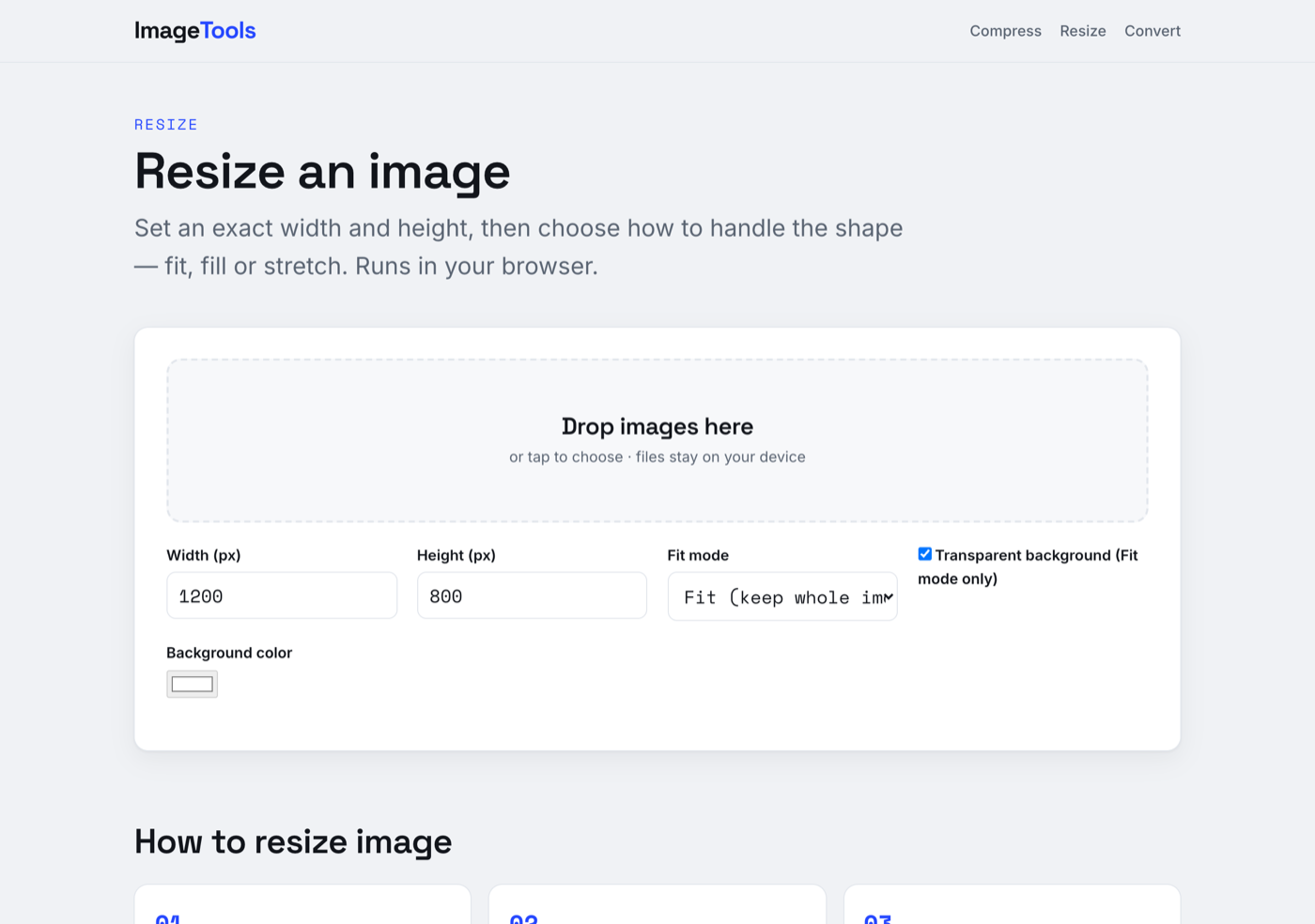 imgtokb resize tool with width, height, and fit mode controls